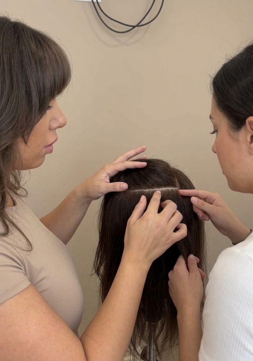 Amel guide une élève pendant la formation Tissage No Tresse No Stress® : elles tracent ensemble une séparation nette sur une tête malléable aux cheveux châtains, au salon à Paris